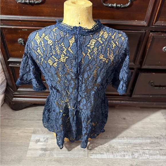 Navy Blue Lace Peplum Blouse with Peter Pan Collar - Picture 6 of 6